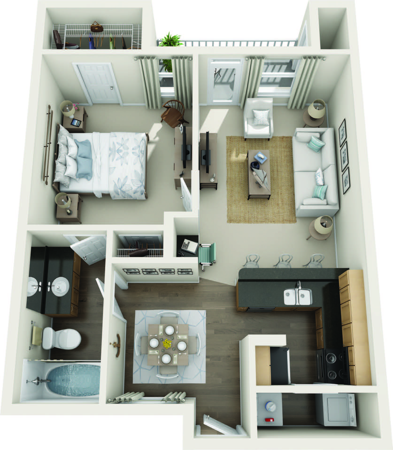 Floor plan for 1 bed, 1 bath, 699 sqft